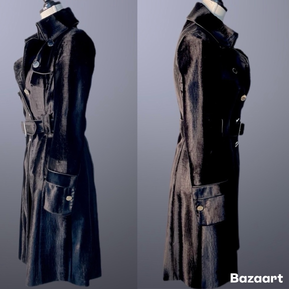 Karen Millen Black Glossy Faux Fur Trench Coat Silver Belted Lined Mob Wife - Picture 6 of 17